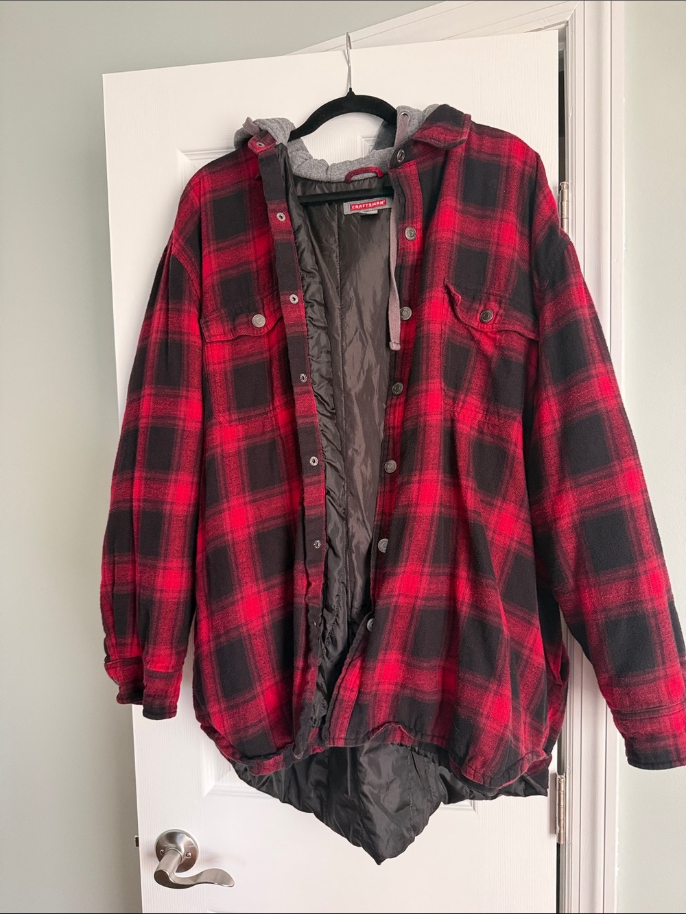 Red & Black Plaid Hooded Shirt Jacket by Dusty Rhodes